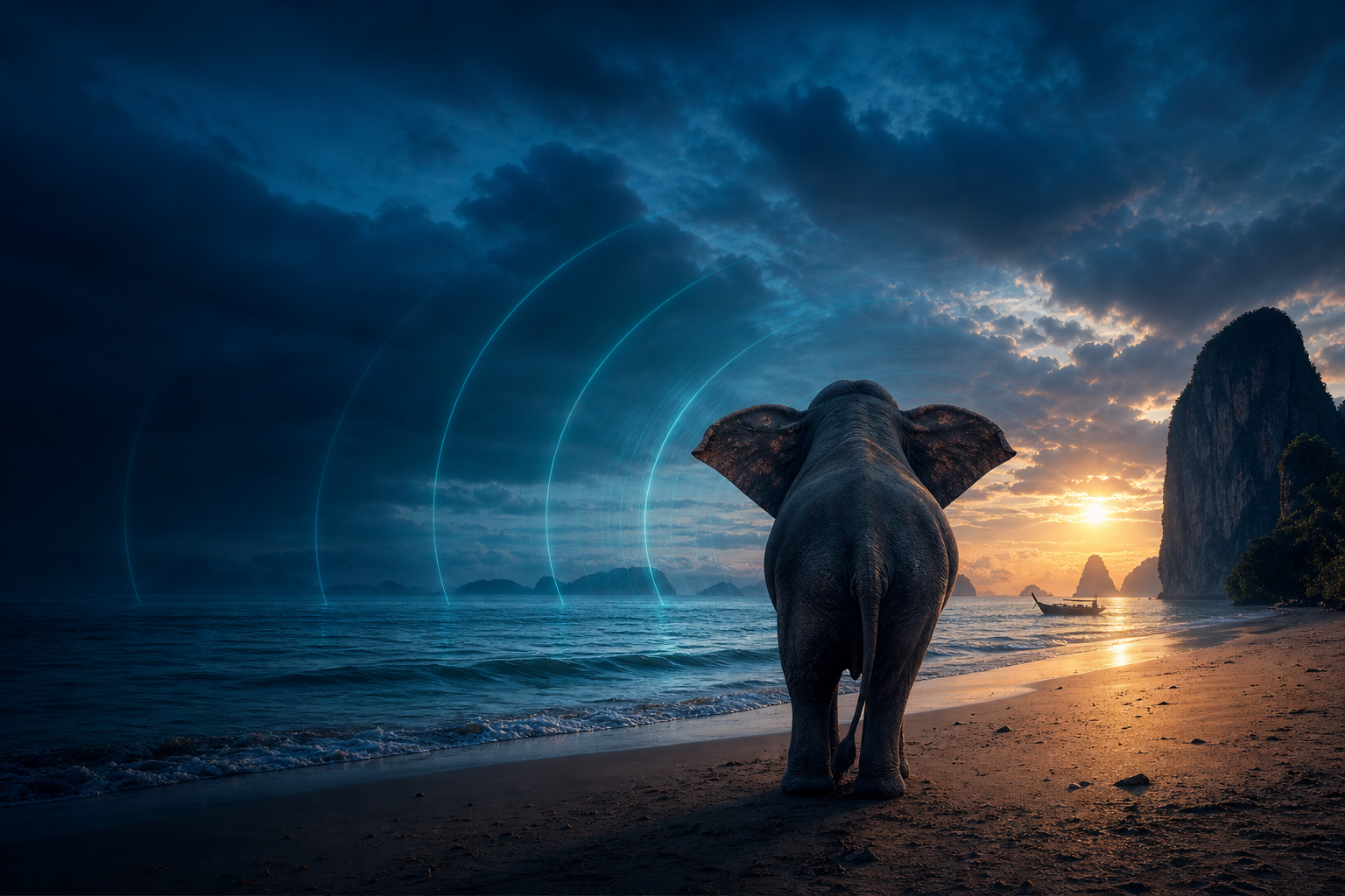 An elephant on the shore of the Andaman Sea at dawn